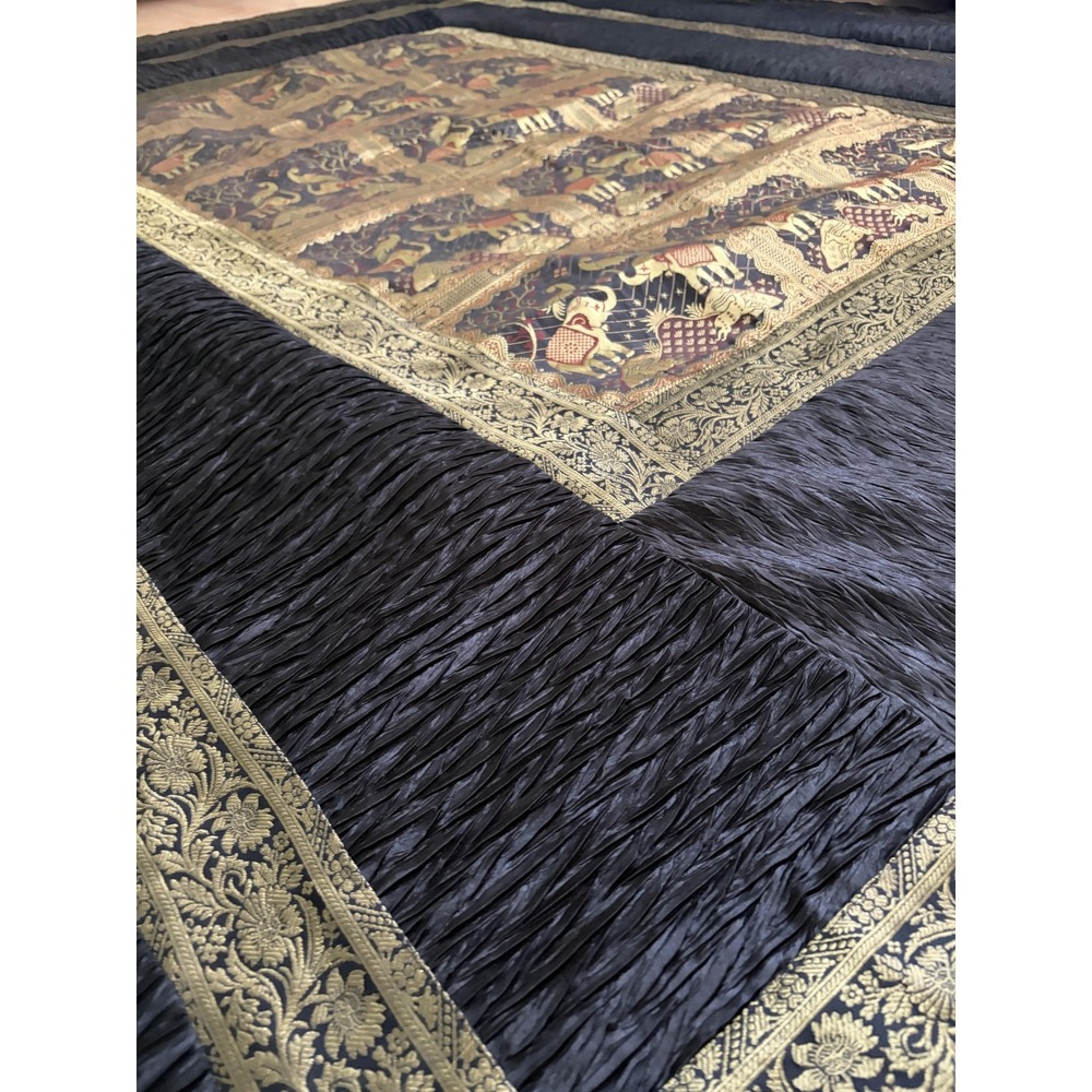 Indian Elephant Quilt Bedspread 102x88 Black Gold Silk Look Throw Decor Boho - Picture 4 of 12